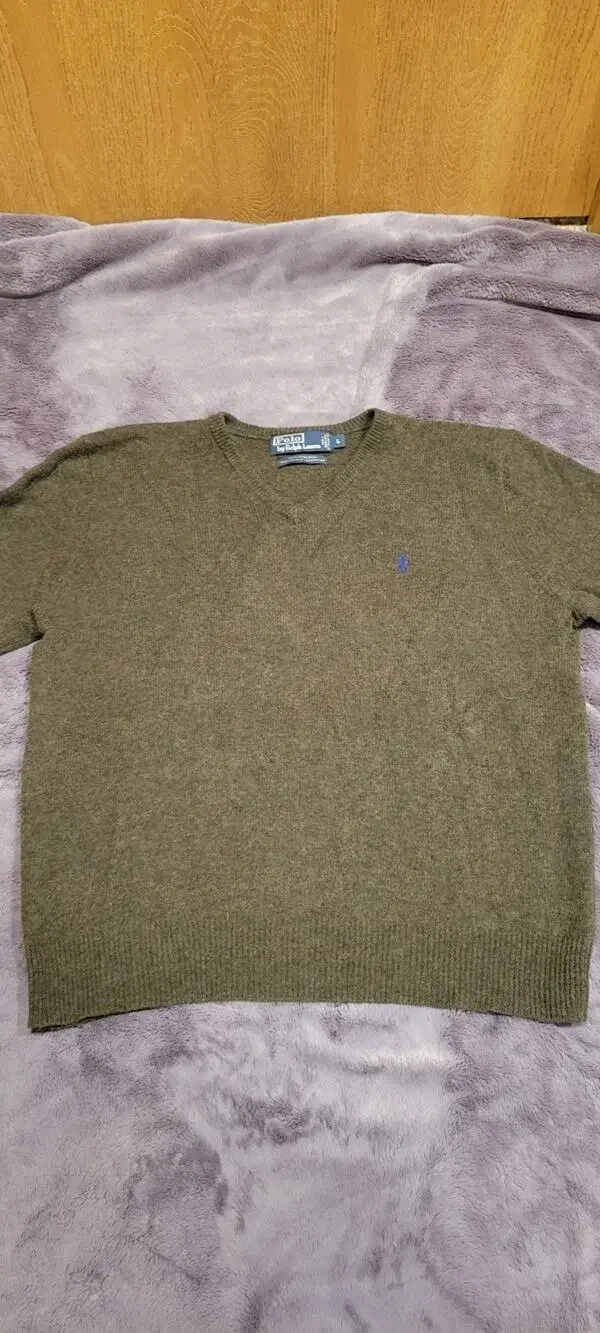 Polo Ralph Lauren Sweater Mens Large 100% Lambs Wool V Neck Italian Yarn Green